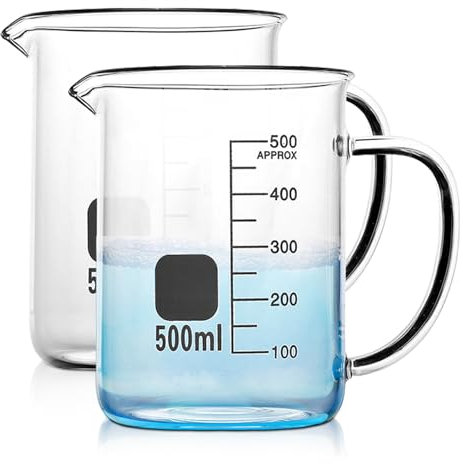 Bécher en Verre avec Anse, 2 Pièces Ensemble de Béchers en Verre 500ml, Bécher Gradué en Verre Borosilicate, Gradué Borosilicate Bécher de Verre pour Laboratoire Cuisine et École 500 ml