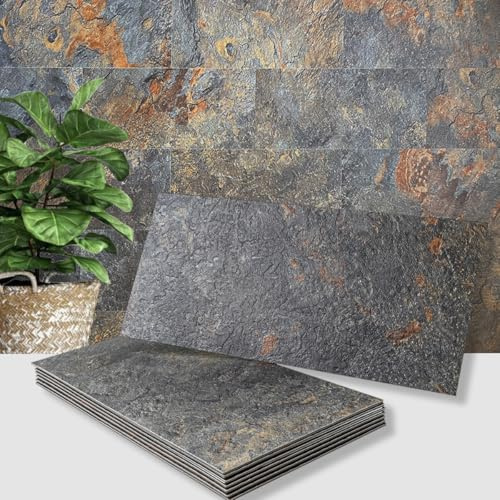 AULIGET 6 x 12 Rust Slate Peel and Stick Backsplash Wall Tiles, PVC Faux Stone Stick on Tiles for Backsplash Kitchen, Bathroom, Laundry Room, Camper, Fireplace (Pack of 20)