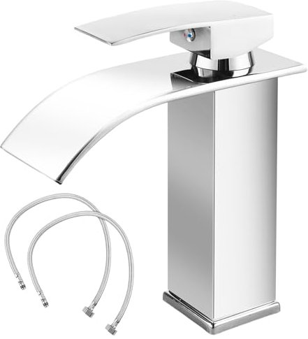 Wasserhahn Bad Edelstahl Mischbatterie, Wasserfall Einhebel Waschtischarmatur mit 60cm Anschlussschlauch, Chrom Badarmatur Einhandmischer Waschbecken Armatur für Badezimmer