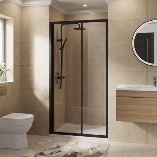 NRG 1100 x 1900mm Bathroom Shower Enclosures Single Sliding Shower Door 6mm Safety Glass Black Framed