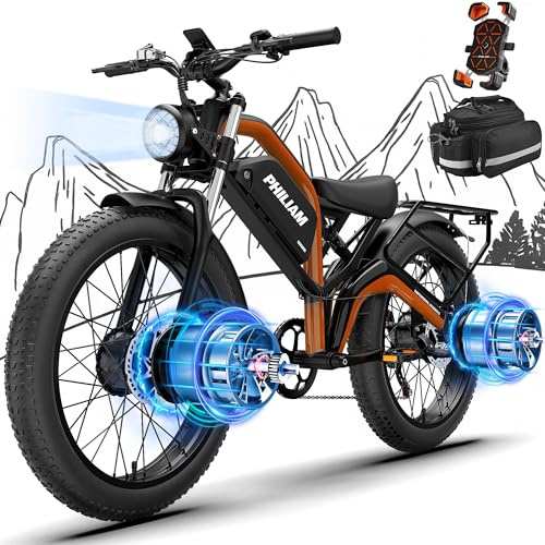 PHILIAM Electric Bike for Adults,5000W/3000W Peak Dual Motor ebike 35MPH E Bikes for Men Women,52V 32/23AH Battery, 80/100 Miles Range Ebike,26”Fat Tire Full Suspension E-Bike(Orange)