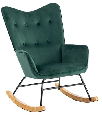 39F Furniture Dream Scandinavian Velvet Rocking Chairs, Upholstered in Green with Wooden Rocker Base and Black Metal Frame, Modern Accent Chair for Living Room Nursery Bedroom, Green, 85x61x81cm