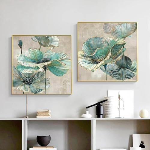 HMXQLW Moderne Fleur Or Vert Toile Peinture Affiche Decoration Murale Tableau Art, Impression sur Toile Salon Chambre Maison Decor Murale Aesthetic Art Sans Cadre (2X50X50CM)