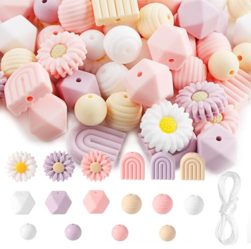 Lot de 110 perles rondes en silicone fleur - En vrac - 4 couleurs - Corde nylon - Bricolage, porte-clés, artisanat, chaîne tétine, bijoux