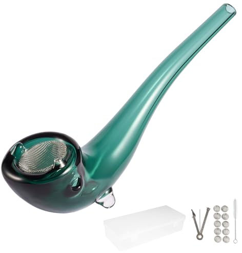 Handcrafted Glass Smoking Pipe – Durable Borosilicate Glass, Curved Long Mouthpiece, Secure Filter Holder, Includes 10 Filters, 3-in-1 Pipe Tool, Cleaning Brush & Storage Box (Green)