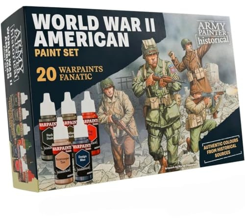 The Army Painter, Historical: WWII American Paint Set, 20 x 18 ml Warpaints Fanatic: 14 acrylic, 4 Washes, 1 Effect & 1 Metallic - Peinture pour miniatures des American Forces WWII