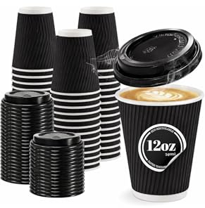 150 Pack 12oz Brown Ripple Coffee Cups with Lids – Triple Wall Insulated Disposable Paper Cups for Hot Drinks, Tea & Coffee – Leakproof, Heat Resistant, to-Go Cups, Brown