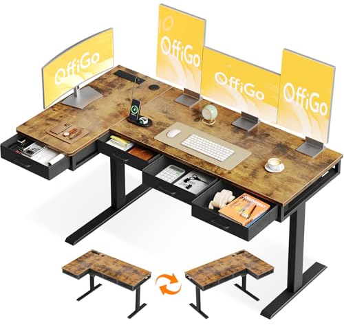 OffiGo Standing Desk, 160x80cm Corner Electric Desk with 4 Drawers, Large L Shaped Table with Socket, Height Adjustable Rising Table with Storage for Sit Stand Home Office Workstation, Rustic Brown