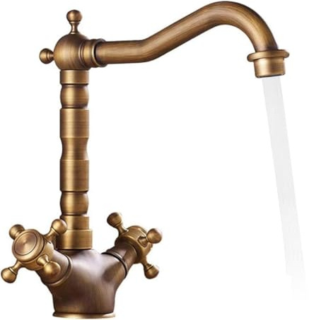 Robinet Vintage Robinet d'évier de Cuisine Pivotant à 360°, Mitigeur de Lavabo de Salle de Bain en Laiton de Bain à Double Poignée, avec Tuyau Flexible, Design Durabl