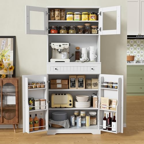 Armario Almacenaje Cocina, Armario de Cocina con Superficie de Trabajo, Cajones, Estantería de Almacenamiento, Armario Buffet con Dispositivo Antivuelco para Cocina, Salón, Comedor, 183 x 76 x 28cm