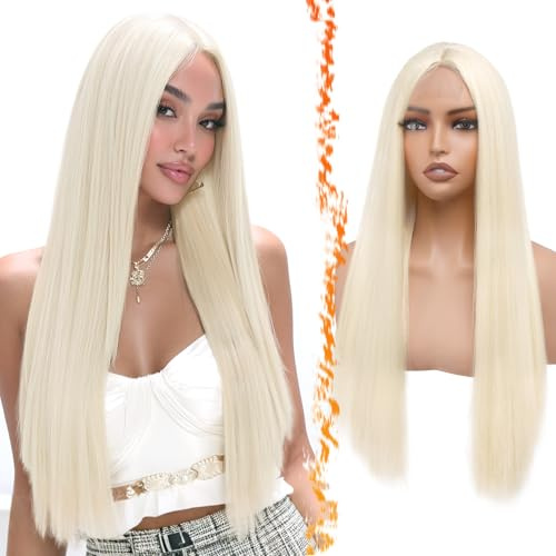 BARSDAR Lunga Lisci Platino Bionda Parrucche, Lunga Lisci Parte Centrale Parrucca per Donna 71cm Dall'aspetto Naturale Sintetici Capelli Parrucca Partito Halloween Costumi Parrucche
