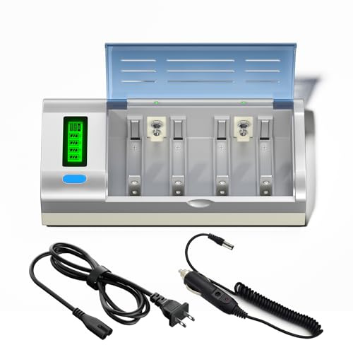 Battery Charger for C D AA AAA 9V Ni-MH Ni-CD Rechargeable Batteries with Discharge Function & AC Plug Included and Car Charging Cable