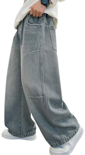 Rolanko Boys Baggy Jeans Elasticated Waist Cargo Wide Leg Skater Jeans with Multipockets Vintage Streetwear Denim Pants for Kids, Light Blue, 170, 13-15 Years