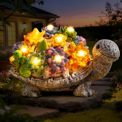 Ollny Tartaruga da giardino a energia solare, resistente alle intemperie, incantevole decorazione da giardino per esterni e balcone per donne, decorazione da giardino e balcone, con 8 luci LED