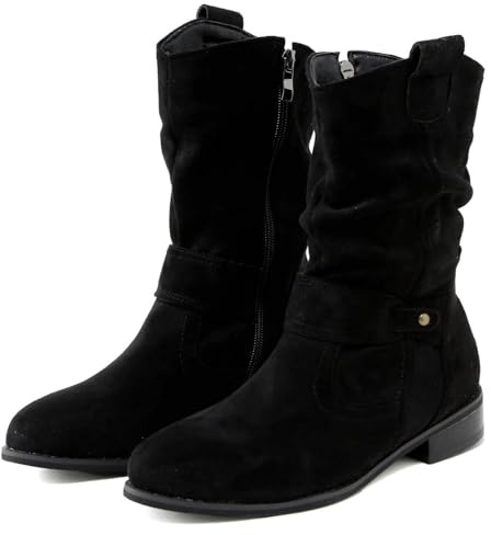 Botas vaqueras de gamuza de tacón bajo para mujer, botines casuales puntiagudos con cremallera, cómodos zapatos planos holgados a media pantorrilla, Black, 41 1/3 EU
