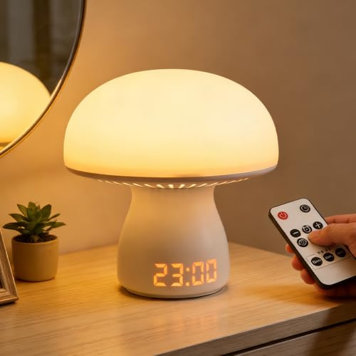 Lampada a fungo LED da tavolo senza fili, lampada da comodino touch dimmer con display dell'ora e funzione di temporizzazione, lampada da tavolo a batteria dimmerabile da 3600mAh per camera da letto