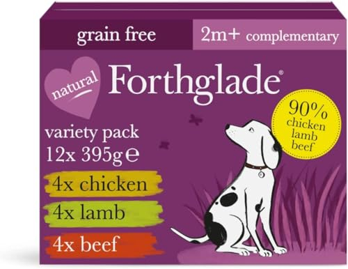 Forthglade Complementary Wet Dog Food Variety Pack (12 x 395g Trays) - Grain Free & Hypoallergenic Dog Food, Just Chicken, Lamb & Beef, 90% Protein Stomach Sensitive with Natural Ingredients