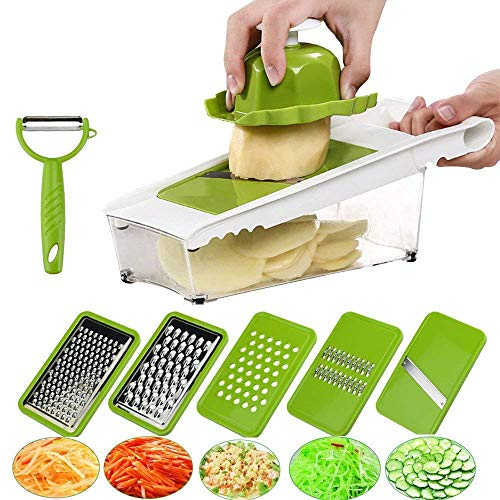 Mandolina Affetta Verdure Patate Affettatrice Grattugia Taglierina Chopper, Brandelli Fette Julienne e Frutta e Verdura Chopper con Contenitore, Sicurezza Alimentare Holder, 5 Lame Intercambiabili