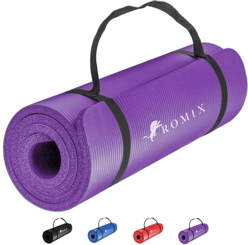 ROMIX Yoga Mat Thick 10 MM Foam Exercise Mat, 180x60x1cm Non Slip Gym Mats With Carry Bag and Strap, Lightweight NBR Workout Yoga Mats for Women Men Pilates Gymnastics Meditation Home Outdoor