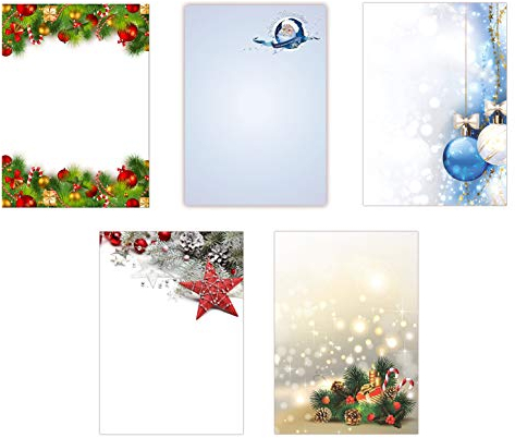 5 x 10 Blatt Motivpapier Briefpapier Mix DIN A4 Weihnachtsmann Kugeln Sterne Kristalle (Weihnachten-5229)