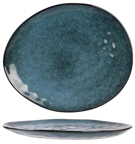 HOME DECO FACTORY - KA3749 Plat en grès bleu - Service vaisselle élégant pour décoration intérieure - 27,5 cm - Taille large - Assiette ovale pour repas raffinés