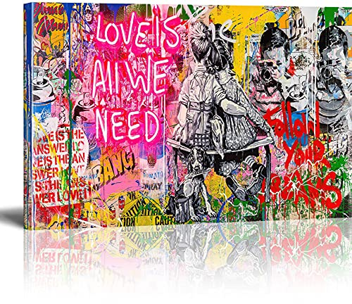 Cuadros Bansky Impresión sobre lienzo Love is All We Need Street Graffiti Art Cuadro Banksy Cuadro Moderno Salón Decoración Mural XXL con marco 70 x 100 cm
