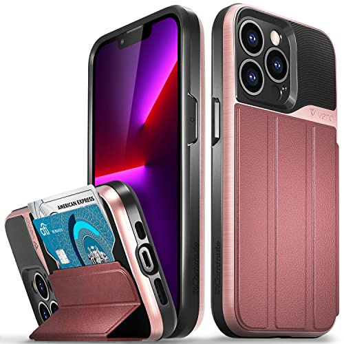 VENA Wallet Case Compatible with Apple iPhone 13 Pro (6.1-inch), vCommute (Military Grade Drop Protection) Flip Leather Cover Card Slot Holder with Kickstand (Rose Gold)
