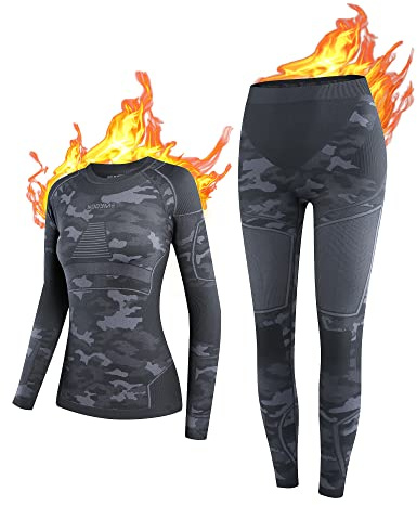 NOOYME sous Vetement Thermique Femme Fonctionnel Ensemble Ski Femme Fibre de Charbon de Bambou sous Vetement Chaud Femme Respirant Antibactérien Tenant Chaud pour Automne Hiver Camouflage S
