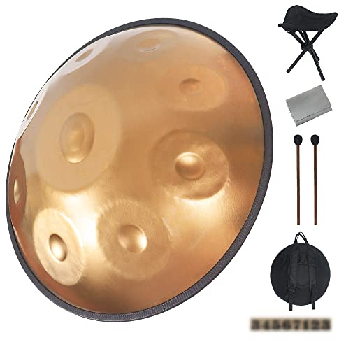 Yasisid Handpan Drum in D Minor 440Hz 22 Inches Steel Hand Drum, Handpan Drum Instrument with Soft Handpan Bag, Handpan Mallets, Handpan Stand, Dust-Free Cloth (9 Notes, Gold)