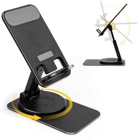 SenseAGE Rotatable Cell Phone Stand, Adjustable Folding Cell Phone Stand for Desk, Home Office Mobile Stand, Desktop Phone Holder, Compatible with iPhone&Smart Phones Accessories (Black)