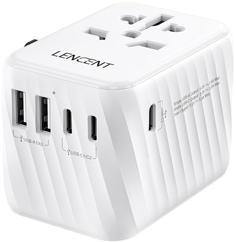 LENCENT Adaptador Enchufe Universal para Viaje, Cargador Internacional con 3 Puertos USB-C de 5,6A y 2 USB-A, Adaptador Enchufe Europeo para Móvil, Tableta, Portátil, EU/USA/UK/AU, Blanco
