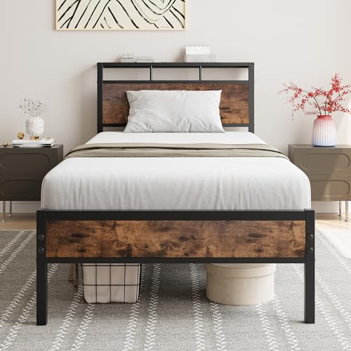 FOUBAM Bett 90x200,Metall Bettrahmen mit Holz Kopfteil Regalen,Bettgestell aus Metall mit Lattenrost,Einzelbett Bettrahmen Gästebett Jugendbett für Schlafzimmer Gästezimmer, Schwarz und Braune