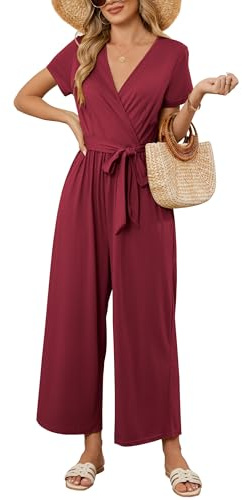 OUGES Summer Jumpsuits for Women UK Short Sleeve Casual Jersey Playsuit With Pockets Wine, M