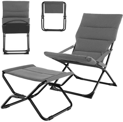 TANGZON Folding Camping Chair with Ottoman, Outdoor Camp Recliner Chair with Footrest, Removable Cushion And Sturdy Metal Frame, Outdoor Portable Reclining Garden Camping Chairs (1)