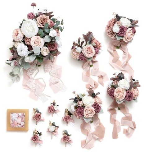 Ling's moment Wedding Artificial Flowers Package, Bridal Bouquet, Bridesmaid Bouquets, Boutonniere for Men, Rose Petals.Dusty Rose Muave