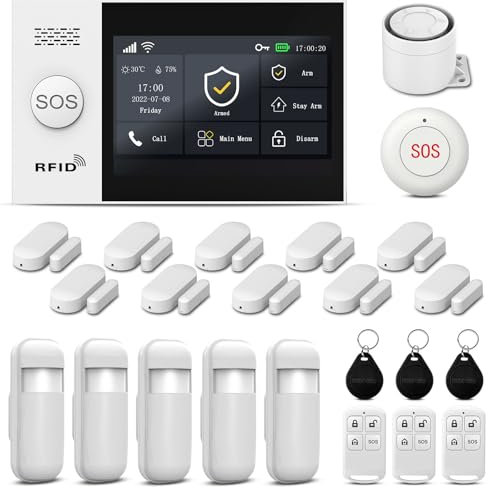 LWOHSI Sistema di sicurezza domestica, sistema di allarme wireless GSM WiFi, allarme antifurto domestico touch screen da 4,3 compatibile con Alexa Google Home