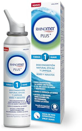 Rhinomer Plus, Spray Nasal de Agua de Mar Hipertónica, Descongestión Natural Eficaz y Limpieza, Fuerza Suave, Para Bebés +1 Mes y Adultos, 125 ml
