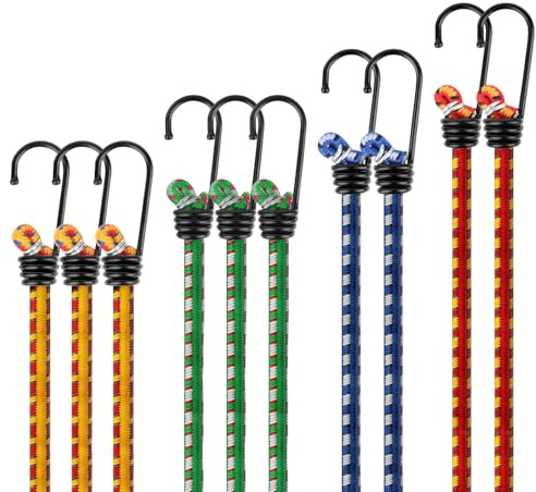 10 Corde Elastiche con Gancio, 4 Misure di Elastici con Ganci, 40cm 60cm 80cm 100cm Elastici per bagagli, Cinghie elastiche con Gancio per Teloni Portapacchi Auto e Bici Ragni
