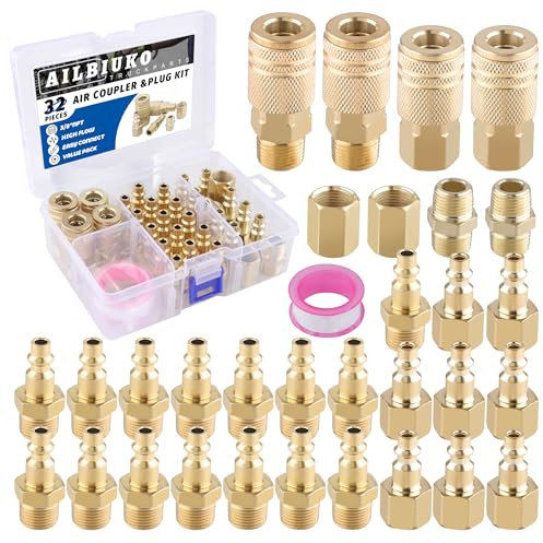 Ailbiuko 32 PCS Air Coupler & Plug Kit,1/4 Inch Body Size x 3/8 NPT Thread Air Tool Fittings Set,Quick Connect Air Hose Fittings Air Compressor Accessories