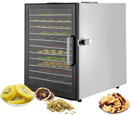 Dörrautomat Edelstahl mit 12 Edelstahlgitter, 800W Dehydrator Food mit 30-80℃ Temperaturregelung & 24 Stunden Timer, 360° Effiziente Trocknung, Dörrgerät für Gemüse Obst Fleisch