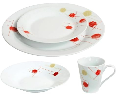 Reldor 16-Piece Round Porcelain Dinner Set for 4– 4 Dinner Plates and Bowls Set with 4 Side Plates & Mugs, Dishwasher Safe, Highly Resistant Dinnerware, Kitchen & Dining, Cream & Red