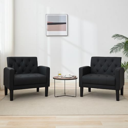 TYBOATLE Leather Chairs Set of 2 Comfy Living Room Chair Black Leather Tufted Mid Century Modern Accent Chair, Small Cozy Reading Arm Chair for Office, Bedroom