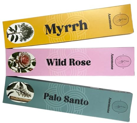 Anemone Encens – 100% Naturel et Fait Main – Combustion Douce et Longue – Parfum Frais, Purifiant et Non Toxique - Pack de 3 boîtes (Myrrhe, Rose, Palo Santo)