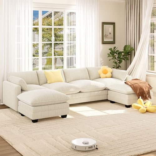 Xbro Divano Modulare a U 4 Posti con 2 Pouf, Divano Cloud in Tessuto a Coste, Seduta Extra Profonda e Morbida, Rivestimento Sfoderabile, Grande Divano per Soggiorno, Beige
