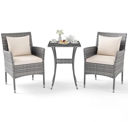 TANGZON 3 Pieces Rattan Patio Bistro Set, 2 Tier Glass-Top Outdoor Dining Table and 2 Garden Armchairs with Removable Cushions, Wicker Garden Furniture Set for Balcony Backyard (Off White+Mix Grey)