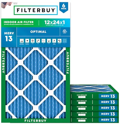 Filterbuy 12x24x1 Air Filter MERV 13 Optimal Smoke & Allergy Defense (6-Pack), Electrostatic Pleated HVAC AC Furnace Filters Replacement (Actual Size: 11.50 x 23.50 x 0.75)