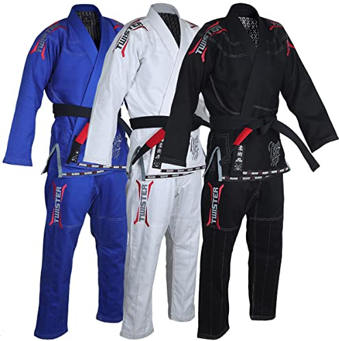 Twister Grey 3.0 Brazilian Jiu Jitsu Gi Preshrunk Pearl Weave 475gram free white belt (Black) (A3)