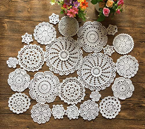 MINDPLUS Set di 24 Centrini all'Uncinetto a Mano Centrini in Pizzo all'Uncinetto in Cotone Mini Tovaglietta 5-18 cm Rotond Bianco Vintage Matrimonio Tea Party (24 pezzi Bianco)