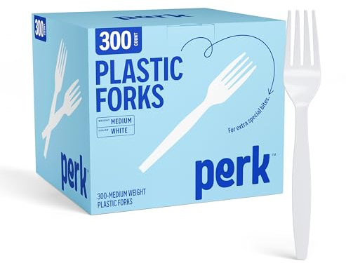 Perk Medium‑Weight Plastic Forks, 300 Count Bulk Disposable Forks for Everyday Meals, Parties & Events, White
