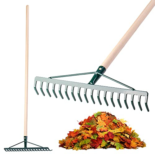 KADAX Râteau Large pour Jardin, Jardin, Jardin, Pelouse, Râteau de Jardin, Râteau ŕ Repasser, Râteau ŕ Gazon en métal, Râteau ŕ Feuilles, Balai ŕ Feuilles, Outil de Jardin 18 Zinken Manche en Bois